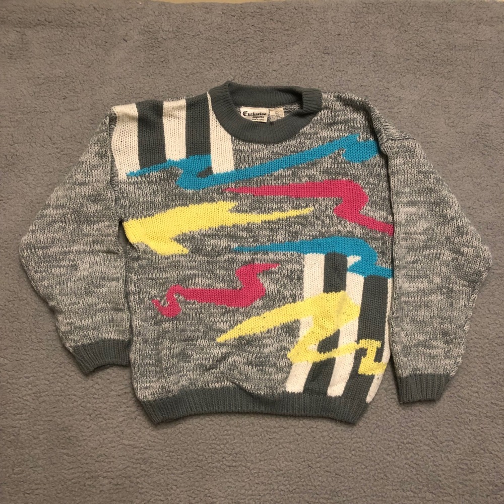 Vintage Exclusive Imports Abstract Geometric Knit Sweater Neon 80s 90s Grey S